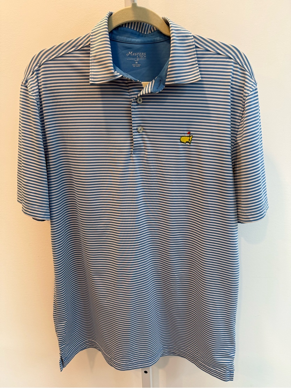 Masters Teach Blue White Striped Polo Embroidered Yellow Logo Golf Size M